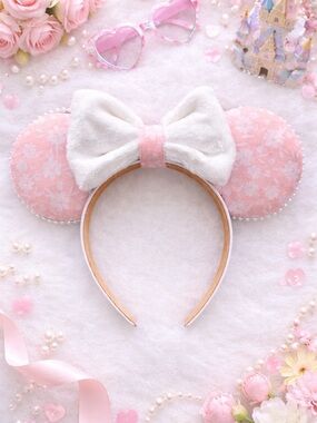 Pink Floral Plush Minnie Mouse Ears Disney Headband with White Bow girly girl